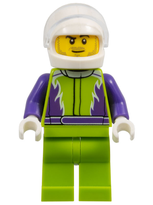 Lego, Minifigure, City, Town, Monster Truck Driver, Lime Legs and Jacket with Purple Flames and Arms, White Helmet, cty1107