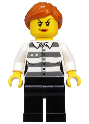 Lego, Minifigure, City, Town, Police , 50382 Prison Stripes, Female, Black Legs, Scowl with Peach Lips, Orange Ponytail, CTY1129