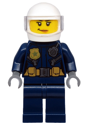Lego, Minifigure, City, Police - ATV Driver Female, Leather Jacket with Gold Badge and Utility Belt, White Helmet, Trans-Clear Visor, Nougat Lips Smirk, CTY1132