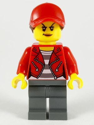 Lego, Minifigure, City, Town, Police - City Bandit Crook, Red Jacket, Red Ball Cap with Reddish Brown Ponytail, Dark Bluish Gray Legs, cty1147