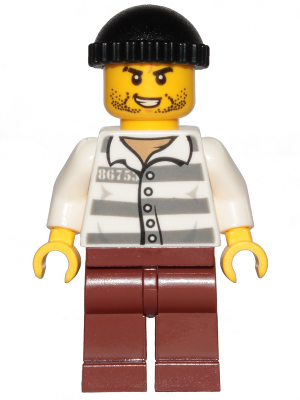 Lego, Minifigure, City, Town, Police - Jail Prisoner 86753 Prison Stripes, Black Knit Cap, Reddish Brown Legs, Beard Stubble and Lopsided Grin, cty1156