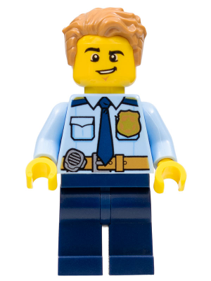 Lego, Minifigure, City, Police - City Officer Shirt with Dark Blue Tie and Gold Badge, Dark Tan Belt with Radio, Dark Blue Legs, Medium Nougat Tousled Hair, CTY1158