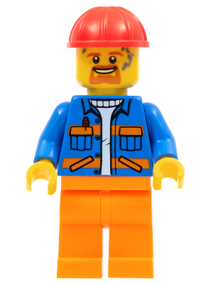 Lego, Minifigure, City, Blue Jacket with Diagonal Lower Pockets and Orange Stripes, Orange Legs, Red Construction Helmet, CTY1161
