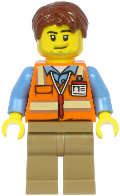 Lego, Minifigure, City, Town, Air Traffic Controller - Male, Reddish Brown Hair, Orange Safety Vest, Dark Tan Legs, cty1187