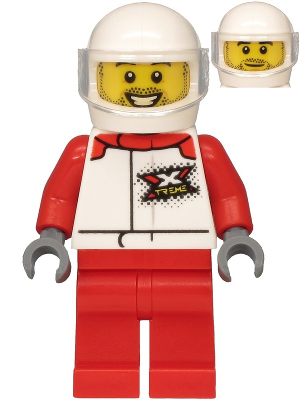 Lego, Minifigure, City, Town, Helicopter Pilot - Male, White and Red Racing Suit with 'XTREME' Logo, Red Legs, White Helmet, Trans-Clear Visor, Stubble, cty1197