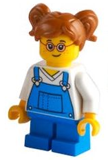 Lego, Minifigure, City, Town, Child - Girl, Blue Overalls over V-Neck Shirt, Blue Short Legs, Dark Orange Hair with Pigtails, Glasses, Freckles, CTY1226