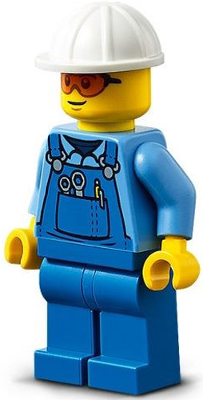 Lego, Minifigure, City, Town, Roadwork Truck Driver - Male, Blue Overalls over Medium Blue Shirt, Blue Legs, White Construction Helmet, Safety Glasses, Back Print, CTY1274