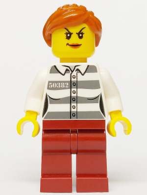 Lego, Minifigure, City, Town, Police, Police - Jail Prisoner 50382 Prison Stripes, Female, Dark Red Legs, Scowl with Peach Lips, Orange Ponytail, CTY1275