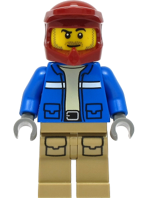 Lego, Minifigure, City, Town, Wildlife Rescue Explorer - Male, Blue Jacket, Dark Red Helmet, Dark Tan Legs with Pockets, Beard, cty1294