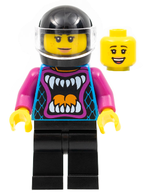 Lego, Minifigure, City, Stuntz, Ann McCloud - Stuntz Driver, Dark Azure Jacket with Animal Mouth and Magenta Arms, Black Legs, Black Helmet, Trans-Clear Visor, cty1320