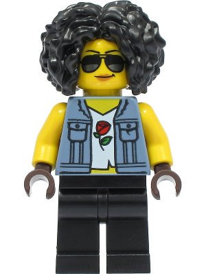 Lego, Minifigure, City, Town, Stuntz Driver - Female, Sand Blue Vest over Rose Shirt, Black Legs, Black Curly Hair, Sunglasses, cty1330