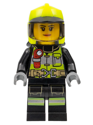 Lego, Minifigure, City, Fire - Female, Reflective Stripes with Utility Belt and Flashlight, Neon Yellow Fire Helmet, Trans-Brown Visor, cty1371