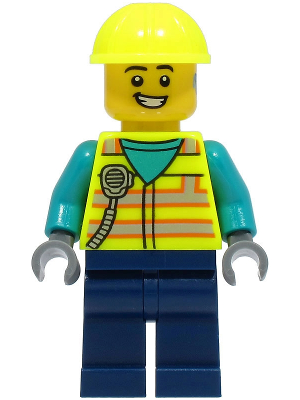 Lego, Minifigure, City, Town, Utility Truck Driver - Male, Neon Yellow Safety Vest with Radio, Dark Blue Legs, Neon Yellow Construction Helmet, Hearing Aid, cty1490