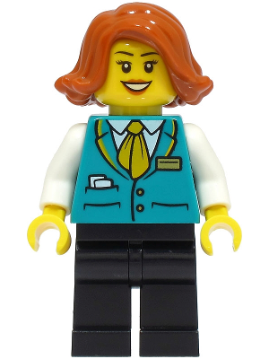Lego, Minifigure, City, Town, Bus Driver - Female, Dark Turquoise Vest, Black Legs, Dark Orange Hair, cty1491