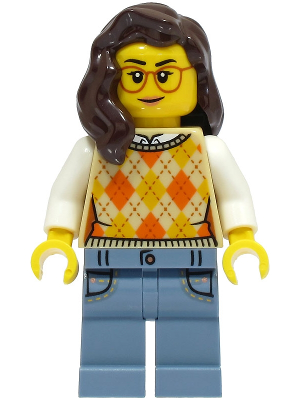 Lego, Minifigure, City, Town, Passenger - Female, Tan Knit Argyle Sweater Vest, Sand Blue Legs with Pockets, Dark Brown Hair, Glasses, cty1492