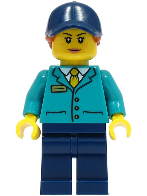Lego, Minifigure, City, Town, Train Platform Guard - Female, Dark Turquoise Shirt, Dark Blue Legs and Cap, Dark Orange Hair, cty1495