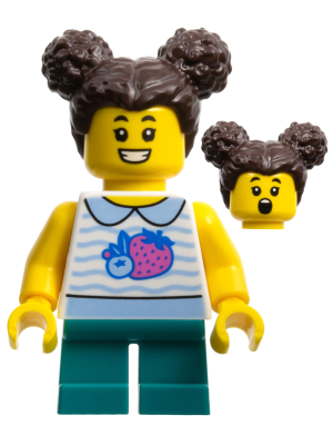 Lego, Minifigure, City, Town, Child - Girl, White Collared Shirt with Fruit, Dark Turquoise Short Legs, Dark Brown Hair with Buns, CTY1520
