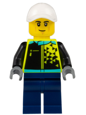Lego, Minifigure, City, Town, Sports Car Driver - Male, White Cap, Neon Yellow Jacket, Dark Blue Legs, CTY1524