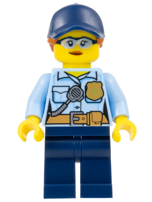 Lego, Minifigure, City, Town, Police - City Officer Female, Bright Light Blue Shirt with Badge and Radio, Dark Blue Legs, Dark Blue Cap with Dark Orange Ponytail, Safety Glasses, cty1525