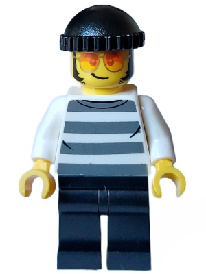 Lego, Minifigure, City, Town, Police - City Bandit Crook Male, White Shirt with Dark Bluish Gray Prison Stripes, Black Legs, Black Knit Cap, Sunglasses, cty1558