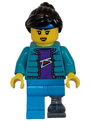 Lego, Minifigure, City, Town, Recreation, Skateboarder - Female, Dark Turquoise Jacket over Dark Purple Shirt, Dark Azure Legs with Prosthetic Leg, CTY1628
