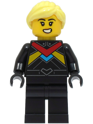 Lego, Minifigure, City, Monster Truck Driver - Female, Black Racing Suit with Red, Dark Azure and Bright Light Orange Stripes, Bright Light Yellow Hair, CTY1672