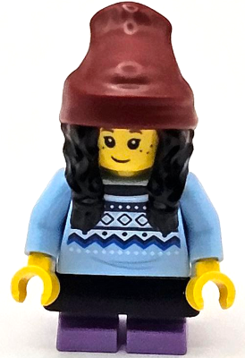 Lego, Minifigure, City, Child - Girl, Bright Light Blue Knit Fair Isle Sweater, Medium Lavender Short Legs, Dark Red Beanie with Black Hair, Black Skirt, cty1686