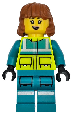 Lego, Minifigure, City, Ambulance Driver - Female, Dark Turquoise and Neon Yellow Safety Vest, Legs with Silver Reflective Stripes, Dark Orange Mid Length Hair, cty1720