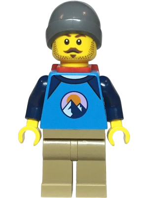 Lego, Minifigure, City, Hiker - Male, Dark Azure and Dark Blue Shirt with Mountains, Dark Tan Legs, Dark Bluish Gray Beanie, Red Backpack Thin, cty1725