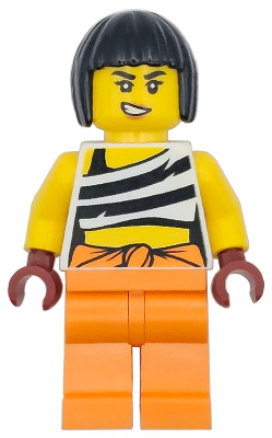 Lego, Minifigure, City, Police - City Bandit Crook Female, White Tank Top Cropped with Black Stripes, Orange Legs, Black Bob Cut Hair, CTY1744