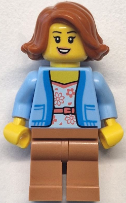 Lego, Minifigure, City, Bus Passenger - Female, Bright Light Blue Jacket over White Shirt with Coral Flowers, Medium Nougat Legs, Dark Orange Hair, cty1770