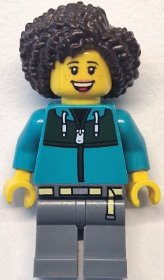 Lego, Minifigure, City, Bus Passenger - Female, Dark Turquoise Jacket with Dark Green Panel, Dark Bluish Gray Legs, Dark Brown Hair, cty1771