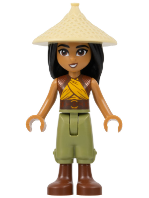 Lego, Minifigure, Disney, Raya - Tan Conical Hat, Yellow Top, Reddish Brown Boots, Open Mouth, dis120