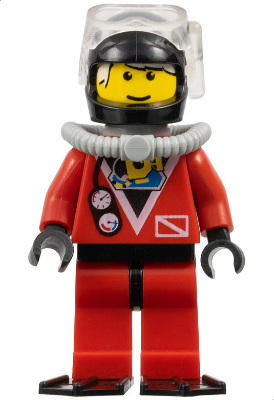 Lego, Minifigure, Town, Divers, Divers - Red Diver 2, Red Legs with Black Hips, Black Helmet, White Bangs, Black Flippers, DIV018a