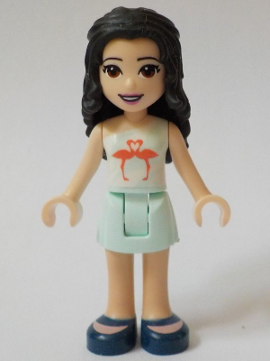 Lego, Minifigure, Friends, Friends Emma - Light Aqua Skirt, White and Light Aqua Top with Coral Flamingo Birds, FRND343