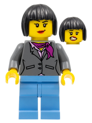 LEGO, Minifigure, LEGO Brand, General, Dark Bluish Gray Jacket with Magenta Scarf, Medium Blue Legs, Black Bob Cut Hair, gen062