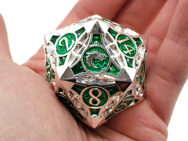 Old School 40mm D20 Metal Die: Gnome Forged - Silver w/ Green