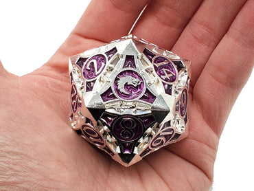 Old School 40mm D20 Metal Die: Gnome Forged - Silver w/ Purple