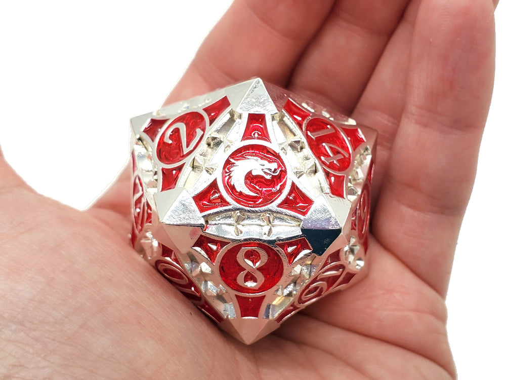 Old School 40mm D20 Metal Die: Gnome Forged - Silver w/ Red)