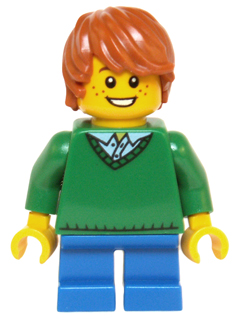 Lego, Minifigure, Holiday, Child - Boy, Green V-Neck Sweater, Blue Short Legs, Dark Orange Tousled Hair, Freckles, hol058