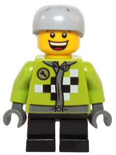 Lego, Minifigure, Holiday & Event, Lime Jacket with Wrench and Black and White Checkered Pattern, Short Black Legs, Sports Helmet with Vent Holes, HOL073