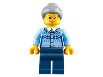 Lego, Minifigure, Holiday, City, Grandmother - Fair Isle Sweater, Light Bluish Gray Hair with Top Knot Bun, Dark Blue Legs, Glasses, HOL106