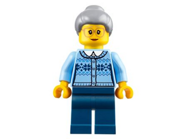Lego, Minifigure, Holiday, City, Grandmother - Fair Isle Sweater, Light Bluish Gray Hair with Top Knot Bun, Dark Blue Legs, Glasses, HOL106