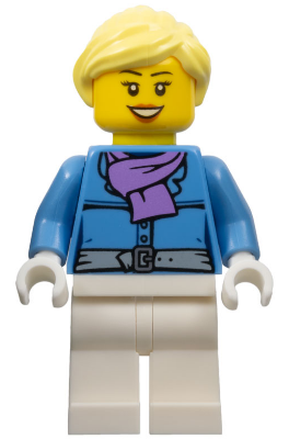 Lego, Minifigure, Holiday, Female, Jacket with Medium Lavender Scarf, White Legs, Bright Light Yellow Ponytail, Open Mouth Smile, HOL126