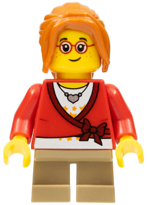 Lego, Minifigure, Holiday, Child - Girl, Sweater Cropped with Bow, Heart Necklace, Dark Tan Short Legs, Dark Orange Ponytail Long with Side Bangs, Glasses, Freckles, HOL127