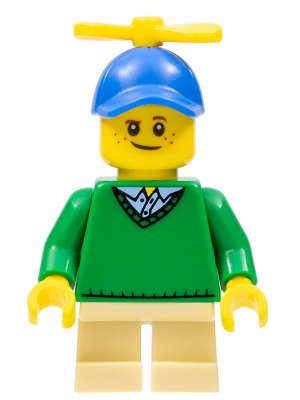 Lego, Minifigure, Holiday, Boy, Freckles, Green Sweater, Tan Short Legs, Blue Cap, Tiny Yellow Propeller, HOL163