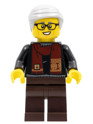 Lego, Minifigure, Holiday & Event, Chinese New Year, Grandfather, Black Shirt with Dark Red Scarf, Dark Brown Legs, Light Bluish Gray Hair, HOL264
