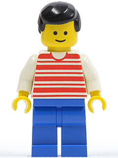 Lego, Minifigure, Townm, Classic Town, Horizontal Lines Red - White Arms - Blue Legs, Black Male Hair, HOR001