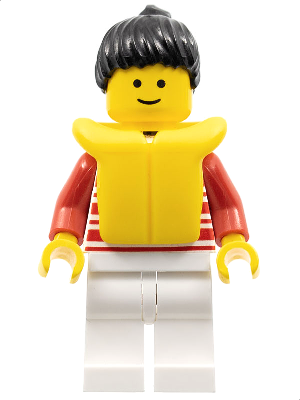 Lego, Minifigure, Townm, Classic Town, Horizontal Lines Red - Red Arms - White Legs, Black Ponytail Hair, Life Jacket, HOR022