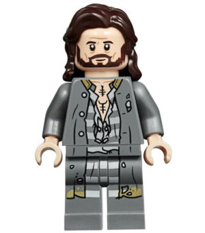 Lego, Minifigure, Harry Potter,  Sirius Black, Dark Brown Hair, Dark Bluish Gray Jacket over Tattered Striped Shirt, Printed Legs, HP174